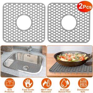 2Pcs Silicone Grid Sink Mat with Central Drain Hole 11.61x13.58Inch Non-Slip